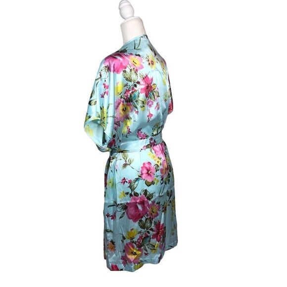 LA Intimates Robe Womens Size 1X Blue Pink Cottagecore Kimono Wrap Silky New - Picture 6 of 8